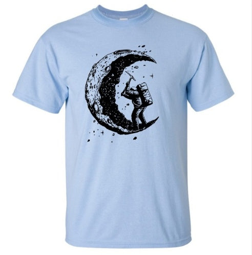 Digging The Moon Print Casual Mens Off Style O-neck T Shirts Fashion Men's Tops Men T-shirt Short Sleeve Men Tshirt
