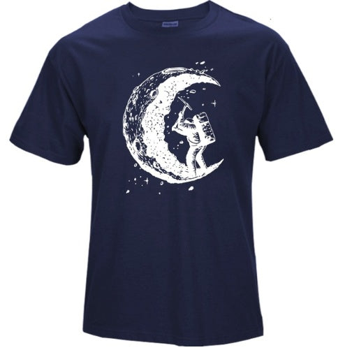 Digging The Moon Print Casual Mens Off Style O-neck T Shirts Fashion Men's Tops Men T-shirt Short Sleeve Men Tshirt