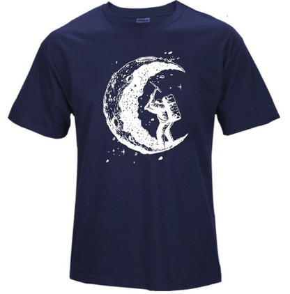 Digging The Moon Print Casual Mens Off Style O-neck T Shirts Fashion Men's Tops Men T-shirt Short Sleeve Men Tshirt