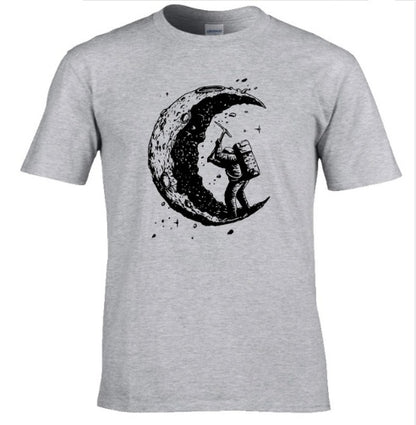 Digging The Moon Print Casual Mens Off Style O-neck T Shirts Fashion Men's Tops Men T-shirt Short Sleeve Men Tshirt
