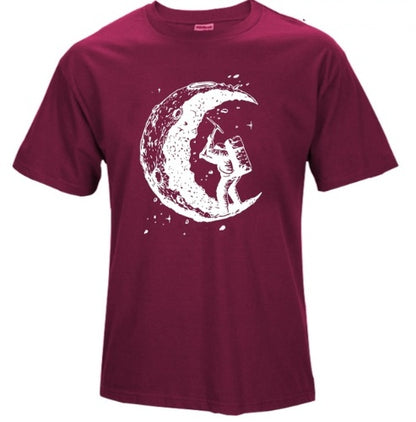 Digging The Moon Print Casual Mens Off Style O-neck T Shirts Fashion Men's Tops Men T-shirt Short Sleeve Men Tshirt