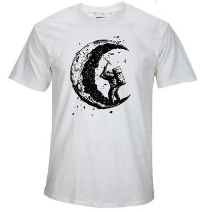 Digging The Moon Print Casual Mens Off Style O-neck T Shirts Fashion Men's Tops Men T-shirt Short Sleeve Men Tshirt