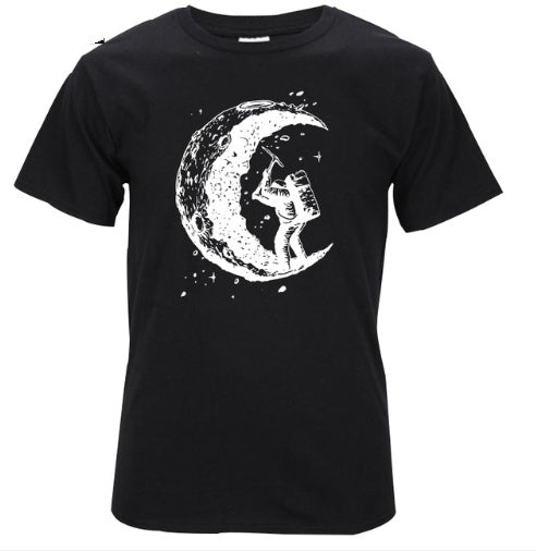 Digging The Moon Print Casual Mens Off Style O-neck T Shirts Fashion Men's Tops Men T-shirt Short Sleeve Men Tshirt