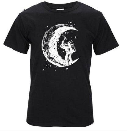 Digging The Moon Print Casual Mens Off Style O-neck T Shirts Fashion Men's Tops Men T-shirt Short Sleeve Men Tshirt